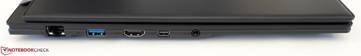 Левая сторона: Ethernet, USB-A 3.1 Gen2, HDMI 2.0, Mini-DisplayPort 1.4, аудио разъем