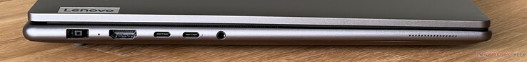 Левая сторона: разъем питания (SlimTip), HDMI 2.1, USB-C 3.2 Gen.2 (20 Гбит/с, DisplayPort ALT mode 1.4, Power Delivery 3.0), USB-C 4.0 с Thunderbolt 4 (40 Гбит/с, DisplayPort Alt mode 2.1, Power Delivery 3.0), аудио разъем