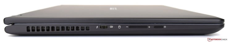 Левая сторона: вентиляция, порт USB 3.1 Type-C Gen 2, индикаторы состояния, качелька регулировки громкости, кнопка включения