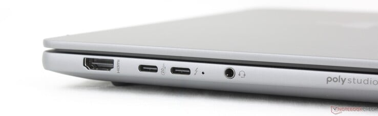 Слева: HDMI 2.1, USB-C (10 Гбит/с) w/ DisplayPort 2.1 + Power Delivery, USB-C (40 Гбит/с) Thunderbolt 4 w/ DisplayPort 2.1 + Power Delivery, гарнитура 3,5 мм