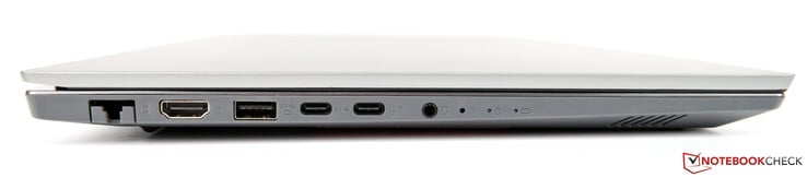 Левая сторона: Ethernet (RJ45), HDMI 1.4b, USB 3.1 Gen 1, USB-C 3.1 Gen 1, USB-C 3.1 Gen 2 (DisplayPort, PowerDelivery), аудио разъем