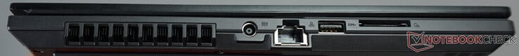 Левая сторона: разъем питания, Ethernet (1 Гбит/с), USB-A (5 Гбит/с), картридер