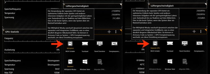 Маленький индикатор Armoury Crate отображает текущий режим: Optimus ("MSHybrid") или дискретная видеокарта